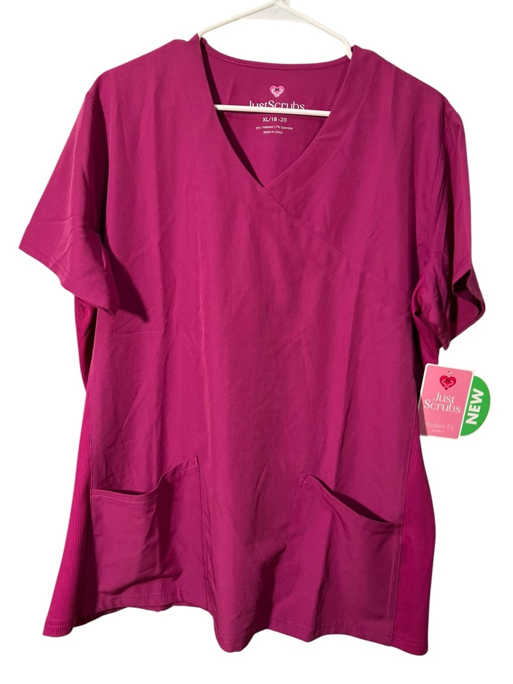 Just Scrubs Womens Sz XL 18-20 Short Sleeve Scrub Top Magenta Pink V-Neck Pocket